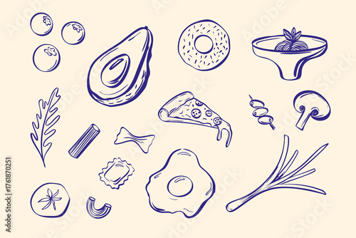 Hand drawn food vector set. Doodle style illustration with avocado, pizza, egg, herbs, and other ingredients. Perfect for design, menu, and packaging. 