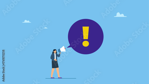 Confidence businesswoman talking on megaphone with exclamation attention. Attention announcement, important message or communicate broadcasting, loudspeaker or exclamation point loud voice.