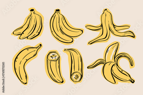 Hand drawn banana vector set. Doodle style yellow fruit with peeled bananas and slices. Perfect for healthy food design, packaging, and kitchen decor.