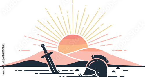 Sunrise over a battlefield with sword and helmet, symbolizing hope