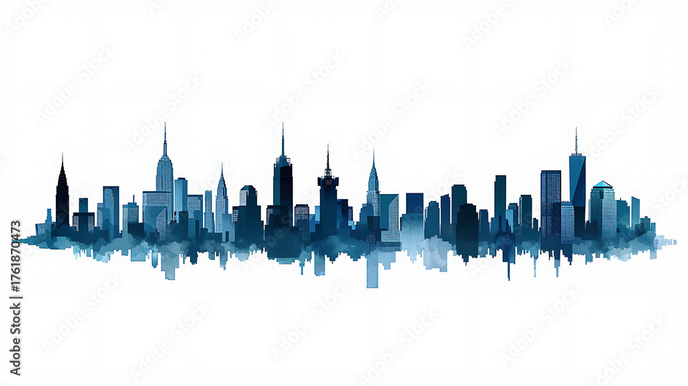 Naklejka premium Urban Skyline Watercolor Art: Abstract Cityscape Painting in Cool Blues and Grays, Modern Architectural View
