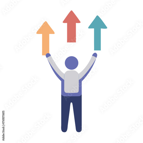 Person with arms raised holding three upward pointing arrows of different colors above their head design