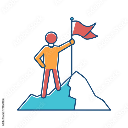 Illustration of a person standing on a mountain peak holding a flag symbolizing achievement and victory