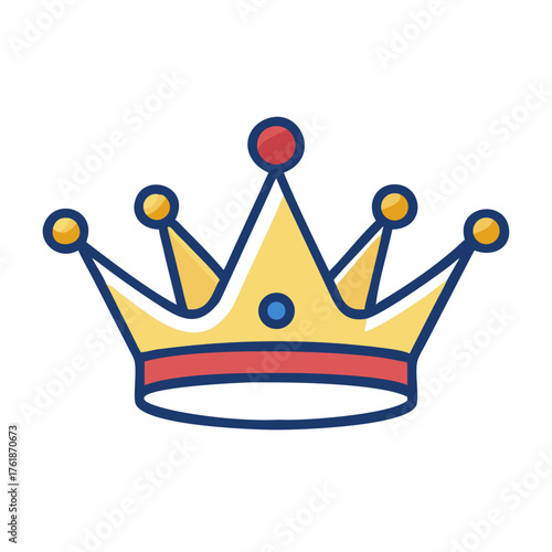 Illustration of a cartoon style golden crown with red and blue accents on a white background image view
