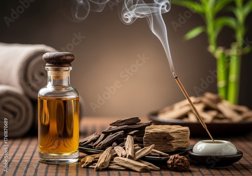 Agarwood Fragrance Oil in Glass Bottle with Wood Chips, Aromatherapy, Incense, and Traditional Aroma for Relaxation and Wellness, Blurred Spa Background