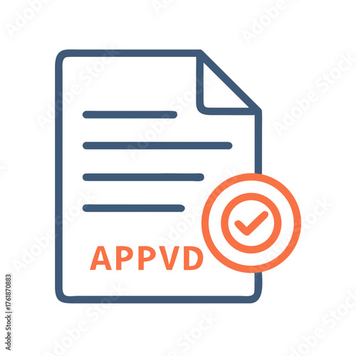 Document with lines and the word appvd and a checkmark inside a circle indicating approval status icon
