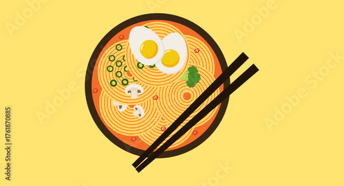 Flat vector illustration of a ramen bowl with noodles, egg, and chopsticks. Ideal for Asian food branding, restaurant menus, or culinary artwork.