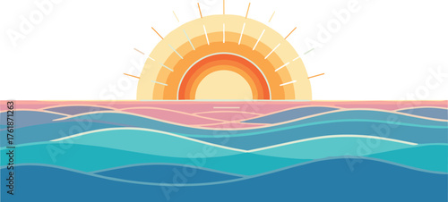 Sunset over stylized wavy ocean water with colorful ripples