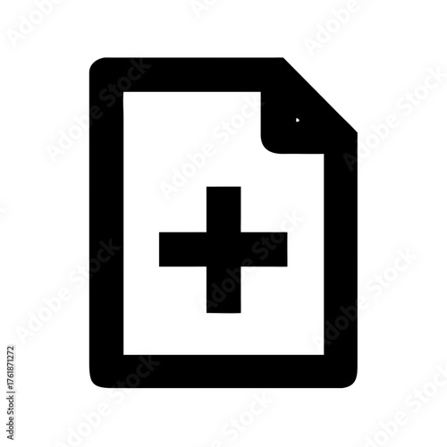 Black document icon with curled corner and a plus symbol in the center of the document illustration