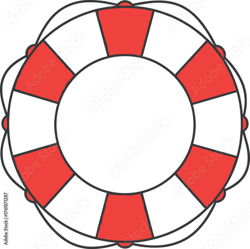 Red and white lifebuoy with ropes, isolated on white background