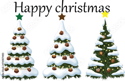 Three festive snow covered christmas trees decorated with ornaments and star toppers celebrating the holiday season