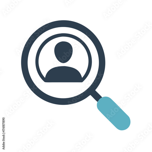 Person search icon showing a silhouette of a person inside a magnifying glass on a white background