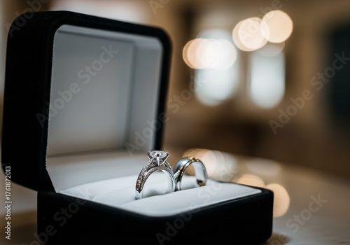 Two Beautiful Wedding Rings in a Storage Box, Symbolizing Love and Commitment, Jewelry and Romance Concept, Blurred Elegant Background