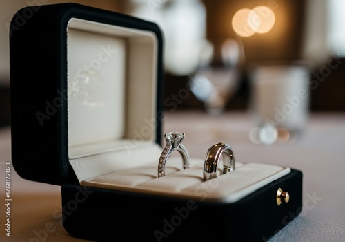 Two Beautiful Wedding Rings in a Storage Box, Symbolizing Love and Commitment, Jewelry and Romance Concept, Blurred Elegant Background