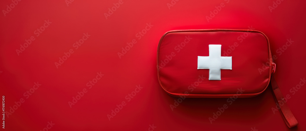 Fototapeta premium Minimalist photo of a small red first aid kit with a white medical cross, placed on a clean red backdrop.