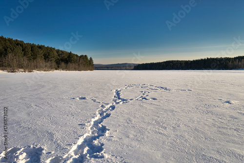 Amazing winter landscape with snow and blue sky.
