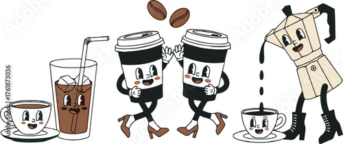 Vintage cartoon coffee characters illustration set, including disposable cup, iced drink, and moka pot