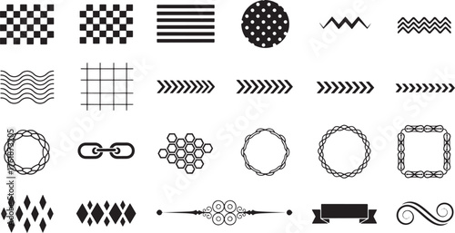 Borders, frames and textures icons set, checkerboard, stripes, dots, waves, grid, arrows, chains, honeycomb, wreaths, square frame, diamonds, flourish, ribbon, swirl vector.