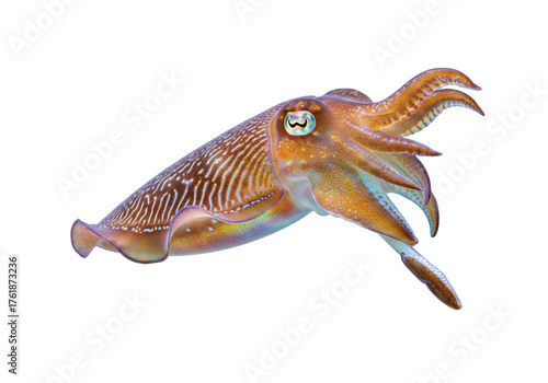 Isolated Striking Cuttlefish with Iridescent Colors Swimming Underwater in Ocean Habitat