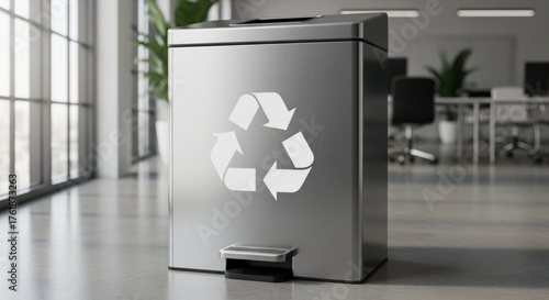 Stainless steel recycling bin in modern office, emphasizing corporate sustainability and responsible waste disposal for an ecoconscious workplace