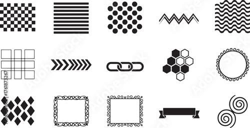 Borders, frames and textures icons set, checkerboard, stripes, dots, waves, grid, arrows, chains, honeycomb, wreaths, square frame, diamonds, flourish, ribbon, swirl vector.