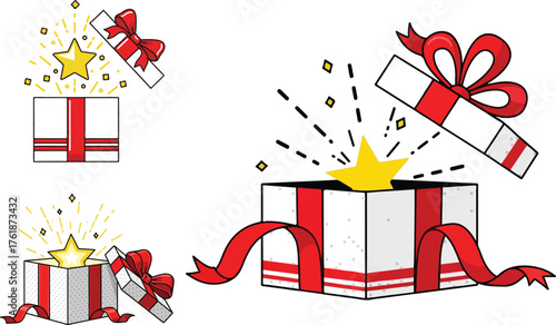 Three festive gift boxes with red ribbon and bows bursting with stars and confetti celebrating holidays