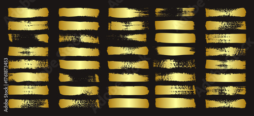 Golden brush strokes, lines, ink smudges, hand-drawn scribble shapes. Handmade sketchy marks, acrylic stains, charcoal streaks. Paint textures, dry brush effect. Marker underline. Vector illustration