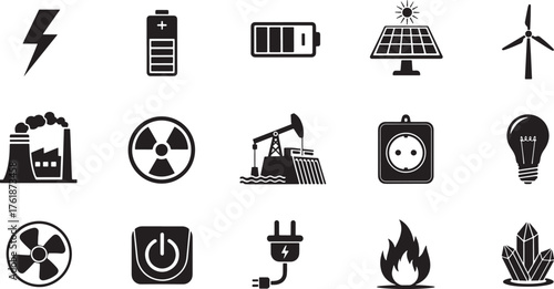 Energy and industry icons set, lightning bolt, battery, renewable solar wind, factory, nuclear, oil rig, socket, light bulb, fan, power button, plug, fire, crystal vector.