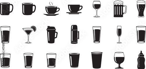 Drinkware and beverage icons set, coffee mug, teacup, wine glass, beer mug, shot, thermos, travel cup, to-go cup, baby bottle vector.