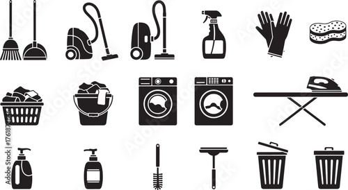 Cleaning and laundry icons set, broom, dustpan, vacuum, spray bottle, sponge, gloves, bucket, washing machine, ironing board, mop, scrubber, trash bin vector.