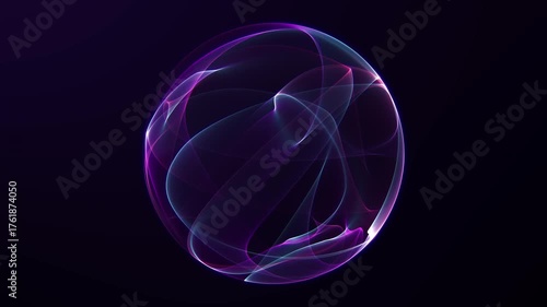 A glowing digital abstract sphere with soft violet and pink fluid curves floating in dark space. Elegant translucent light streaks form smooth and dynamic energy shape. Futuristic and modern style.