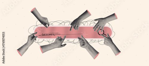 Halftone collage cut out hands pointing search. Vector illustration for mixed media design.