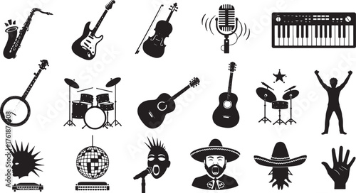 Music instruments icons set, guitar, piano, drums, saxophone, trumpet, cello, violin, harp, clarinet, accordion, tambourine vector.
