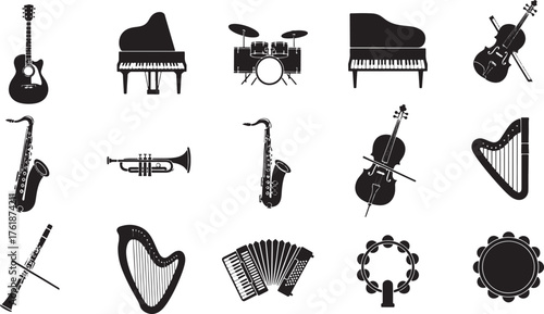 Music instruments icons set, guitar, piano, drums, saxophone, trumpet, cello, violin, harp, clarinet, accordion, tambourine vector.