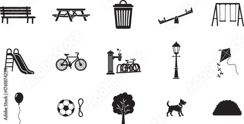 Park and playground icons set, bench, picnic table, trash bin, seesaw, swing, slide, bicycle, water fountain, bike rack, street lamp, kite, balloon, soccer ball, jump rope, tree, dog, bush vector.