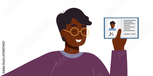 Man holding a document and taking a photo of himselth isolated on white background. Vector flat clipart. Concept of identity, official document, verification, passport or ID check and personal data.