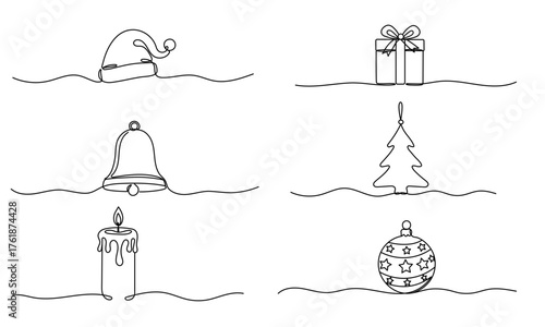 Winter set. Continuous one line drawing Christmas design elements. Simple modern symbol by one line for Winter holidays, merry christmas, happy new year decoration. Editable stroke