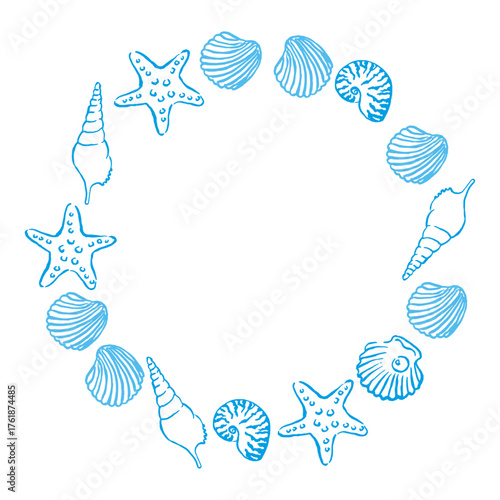 Blue seashell and starfish circle frame – marine summer border illustration