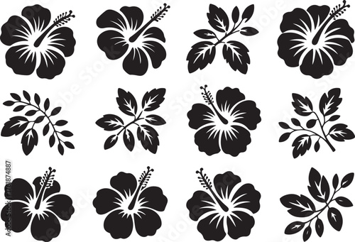 Black and White Hibiscus Flower and Leaf Collection Set of Tropical Vector Illustrations for Floral Designs