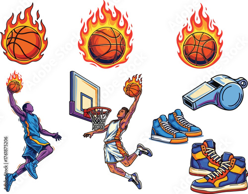 Dynamic basketball collection featuring slam dunks flaming balls whistle and high top sneakers