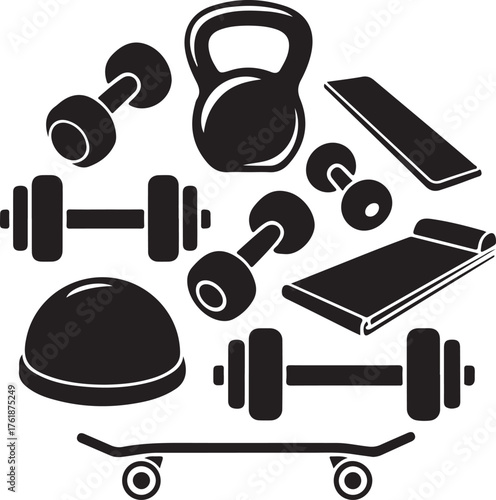 Black and white vector illustration of fitness equipment including dumbbells kettlebell balance trainer skateboard and yoga mat for athletic lifestyle marketing