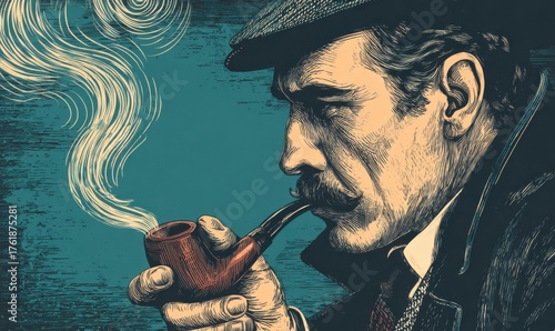 Vintage Detective Smoking Pipe Portrait Illustration Artwork.