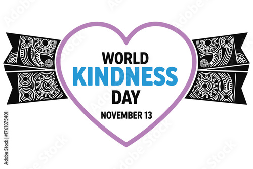 World kindness day celebration with heart shape and decorative ribbons isolated on white background, promoting compassion and unity on november 13th vector illustration