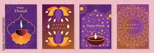 Happy Diwali light festival poster vector set. Diwali festival wallpaper design with colorful lantern, floating lights, firework. Culture Illustration design for celebration, greeting, card, ads.