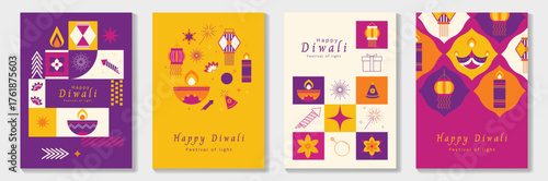 Happy Diwali light festival poster vector set. Diwali festival wallpaper design with colorful lantern, floating lights, firework. Culture Illustration design for celebration, greeting, card, ads.