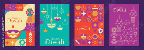Happy Diwali light festival poster vector set. Diwali festival wallpaper design with colorful lantern, floating lights, firework. Culture Illustration design for celebration, greeting, card, ads.