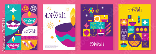 Happy Diwali light festival poster vector set. Diwali festival wallpaper design with colorful lantern, floating lights, firework. Culture Illustration design for celebration, greeting, card, ads.
