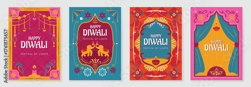 Happy Diwali light festival poster vector set. Diwali festival wallpaper design with colorful lantern, floating lights, firework. Culture Illustration design for celebration, greeting, card, ads.