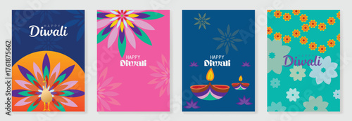 Happy Diwali light festival poster vector set. Diwali festival wallpaper design with colorful lantern, floating lights, firework. Culture Illustration design for celebration, greeting, card, ads.