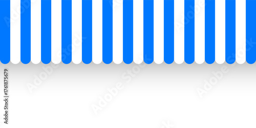 Shop sunshade. Realistic striped cafe awning. Outdoor market tent. Roof canopy. Summer street store. Vector illustration